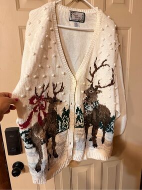 Cream Reindeer Knit Cardigan with Pom-Pom Texture